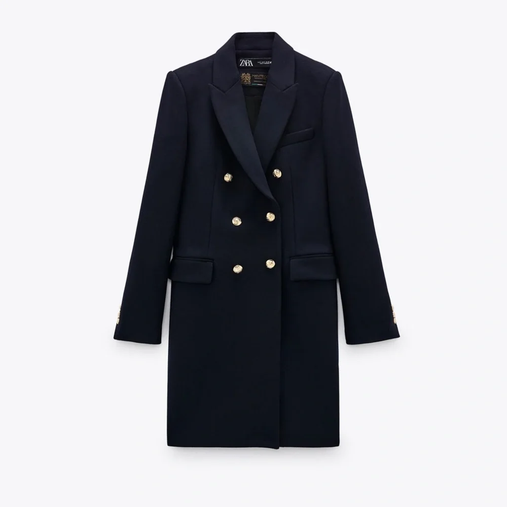 SOLD ZARA NEW MANTECO Italian Wool Navy Double Breasted Classic Preppy Wool Coat - Picture 3 of 16